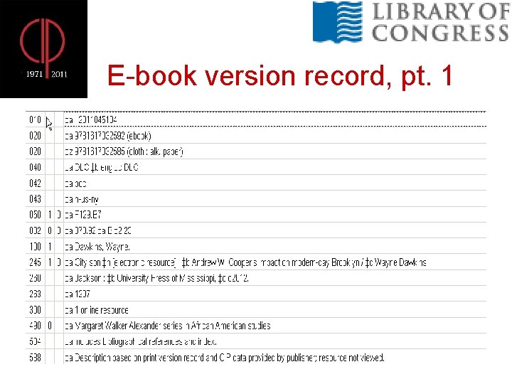 E-book version record, pt. 1 