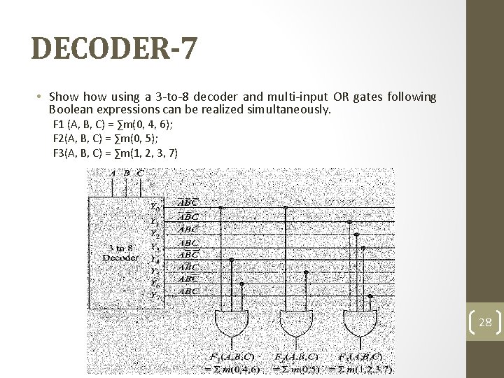 DECODER-7 • Show using a 3 -to-8 decoder and multi-input OR gates following Boolean