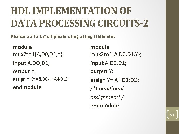 HDL IMPLEMENTATION OF DATA PROCESSING CIRCUITS-2 Realize a 2 to 1 multiplexer using assing