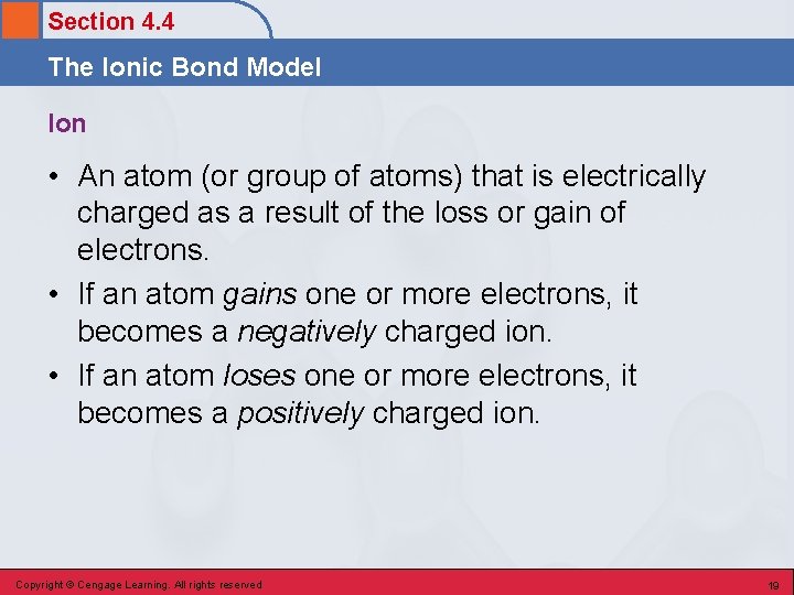 Section 4. 4 The Ionic Bond Model Ion • An atom (or group of