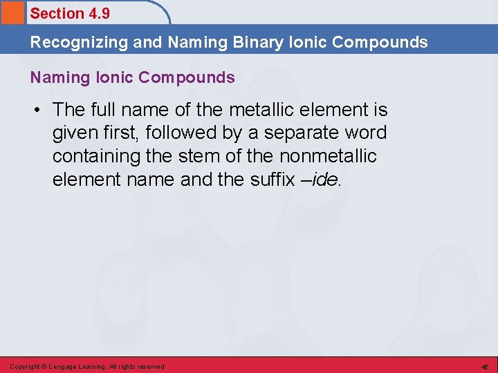 Section 4. 9 Recognizing and Naming Binary Ionic Compounds Naming Ionic Compounds • The