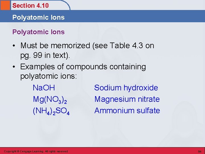 Section 4. 10 Polyatomic Ions • Must be memorized (see Table 4. 3 on
