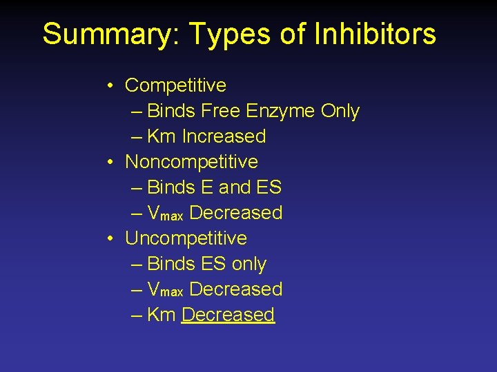Summary: Types of Inhibitors • Competitive – Binds Free Enzyme Only – Km Increased