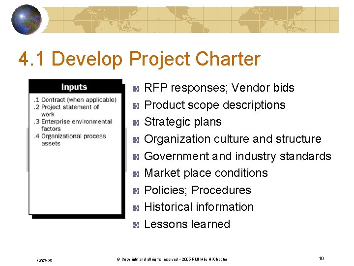 4. 1 Develop Project Charter RFP responses; Vendor bids Product scope descriptions Strategic plans
