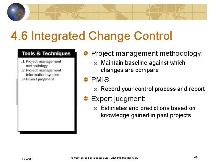 4. 6 Integrated Change Control Project management methodology: Maintain baseline against which changes are