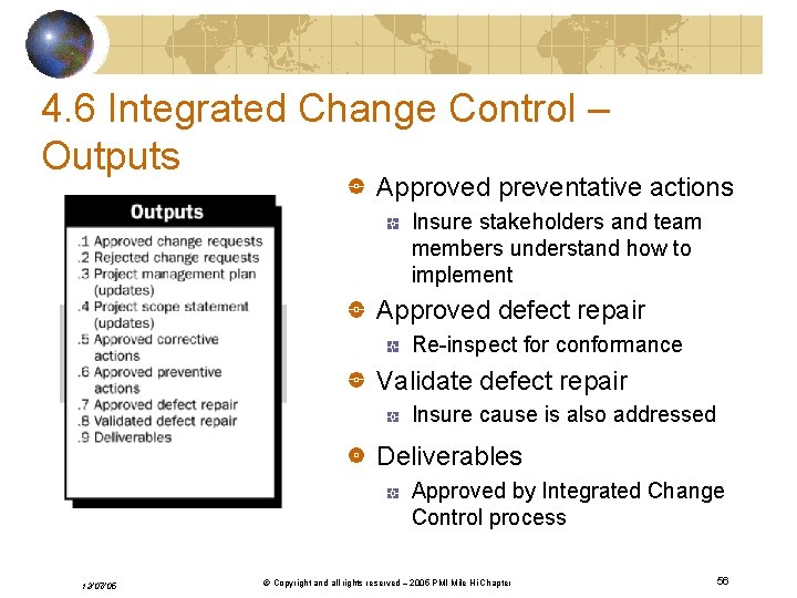 4. 6 Integrated Change Control – Outputs Approved preventative actions Insure stakeholders and team