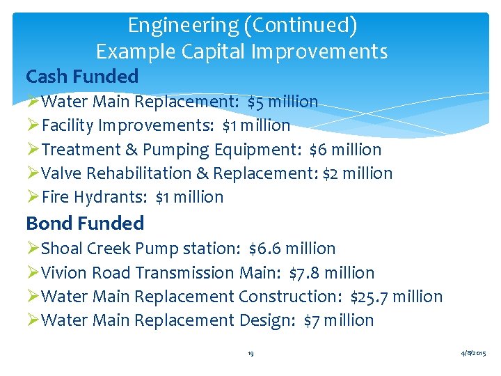 Engineering (Continued) Example Capital Improvements Cash Funded ØWater Main Replacement: $5 million ØFacility Improvements: