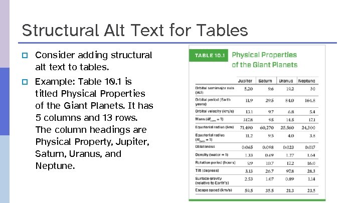 Structural Alt Text for Tables p p Consider adding structural alt text to tables.