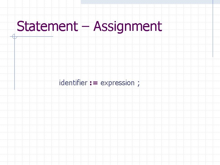 Statement – Assignment identifier : = expression ; 