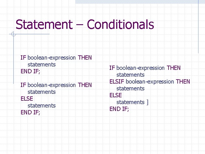 Statement – Conditionals IF boolean-expression THEN statements END IF; IF boolean-expression THEN statements ELSE