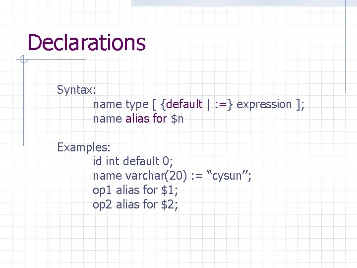 Declarations Syntax: name type [ {default | : =} expression ]; name alias for