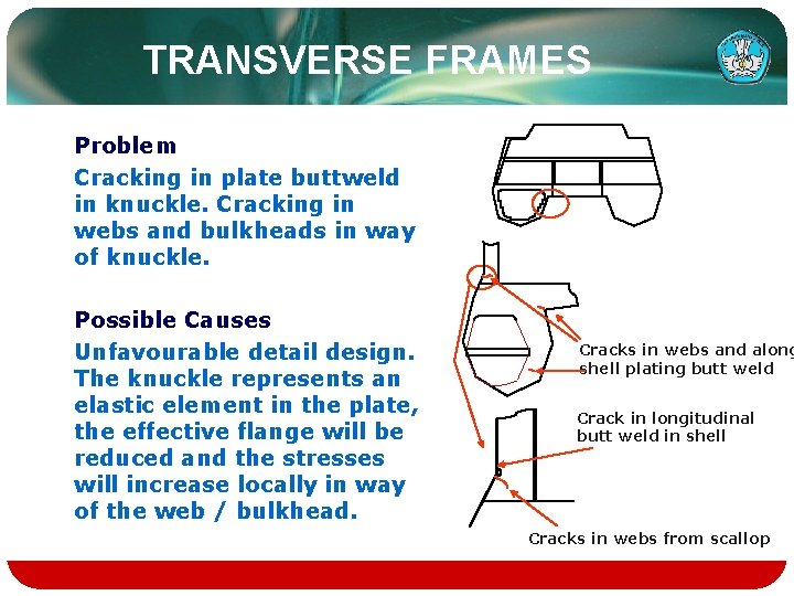 TRANSVERSE FRAMES Problem Cracking in plate buttweld in knuckle. Cracking in webs and bulkheads