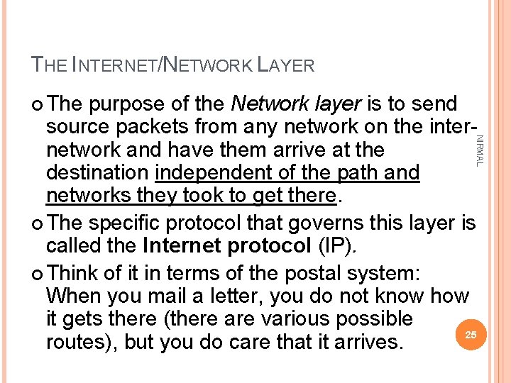 THE INTERNET/NETWORK LAYER The NIRMAL purpose of the Network layer is to send source