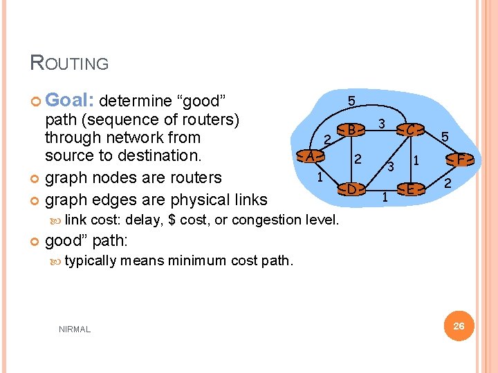 ROUTING Goal: determine “good” path (sequence of routers) through network from source to destination.