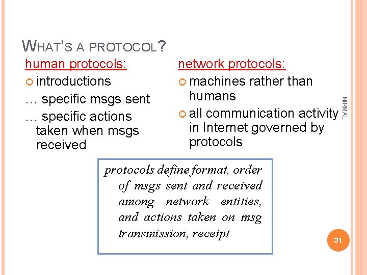 WHAT’S A PROTOCOL? network protocols: machines rather than humans all communication activity in Internet