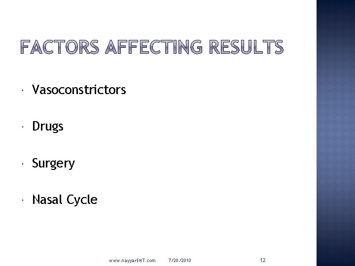  Vasoconstrictors Drugs Surgery Nasal Cycle www. nayyar. ENT. com 7/20/2010 12 