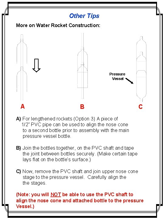 Other Tips More on Water Rocket Construction: Pressure Vessel A B C A) For