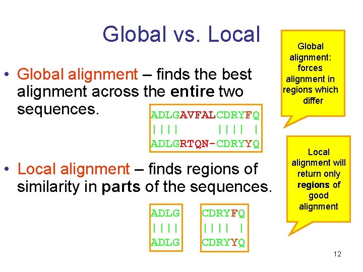 Global vs. Local • Global alignment – finds the best alignment across the entire