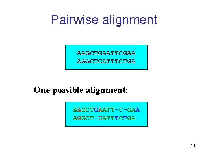 Pairwise alignment AAGCTGAATTCGAA AGGCTCATTTCTGA One possible alignment: AAGCTGAATT-C-GAA AGGCT-CATTTCTGA- 21 