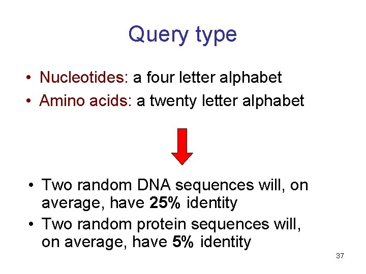 Query type • Nucleotides: a four letter alphabet • Amino acids: a twenty letter