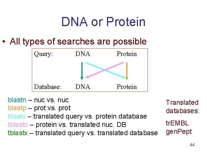 DNA or Protein • All types of searches are possible Query: DNA Protein Database:
