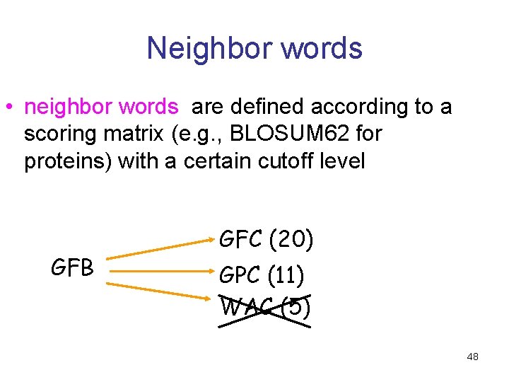 Neighbor words • neighbor words are defined according to a scoring matrix (e. g.