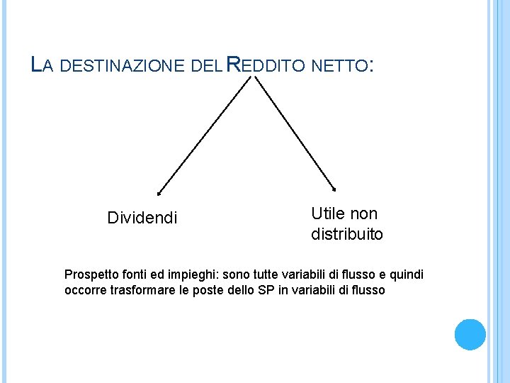 LA DESTINAZIONE DEL REDDITO NETTO: Dividendi Utile non distribuito Prospetto fonti ed impieghi: sono