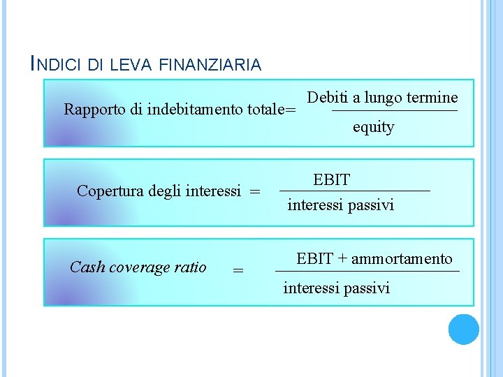 INDICI DI LEVA FINANZIARIA Debiti a lungo termine ________ Rapporto di indebitamento totale =