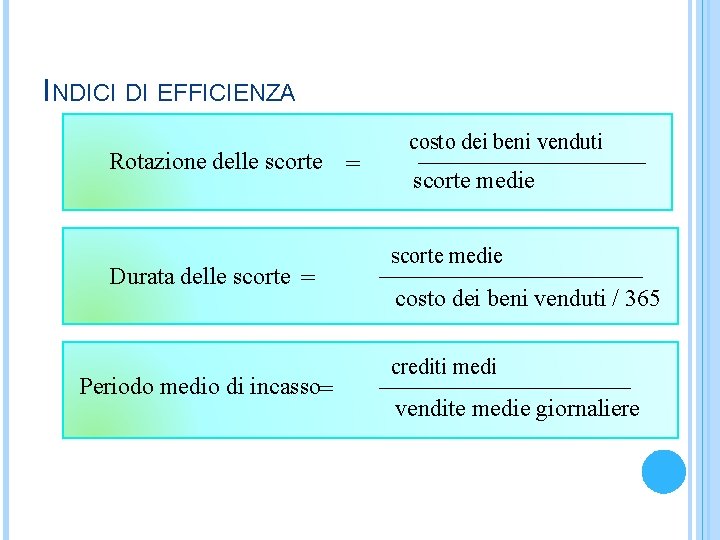 INDICI DI EFFICIENZA Rotazione delle scorte Durata delle scorte = Periodo medio di incasso=