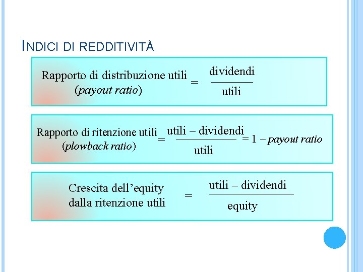 INDICI DI REDDITIVITÀ dividendi Rapporto di distribuzione utili _______ = (payout ratio) utili –