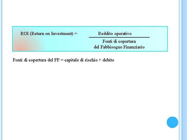 ROI (Return on Investment) = Reddito operativo Fonti di copertura del Fabbisogno Finanziario Fonti