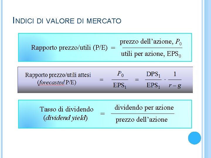 INDICI DI VALORE DI MERCATO prezzo dell’azione, P 0 _________ Rapporto prezzo/utili (P/E) =