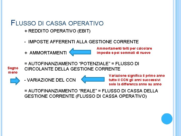 FLUSSO DI CASSA OPERATIVO + REDDITO OPERATIVO (EBIT) - IMPOSTE AFFERENTI ALLA GESTIONE CORRENTE