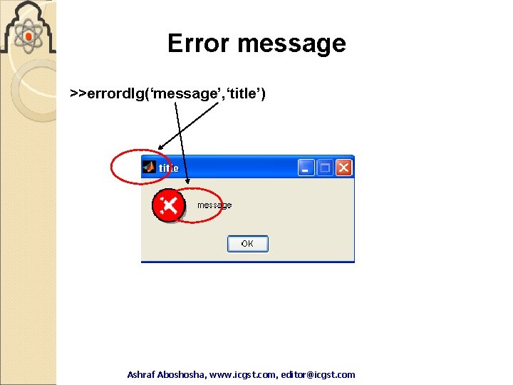 Error message >>errordlg(‘message’, ‘title’) Ashraf Aboshosha, www. icgst. com, editor@icgst. com Ashraf Error message >>errordlg(‘message’, ‘title’) Ashraf Aboshosha, www. icgst. com, editor@icgst. com Ashraf