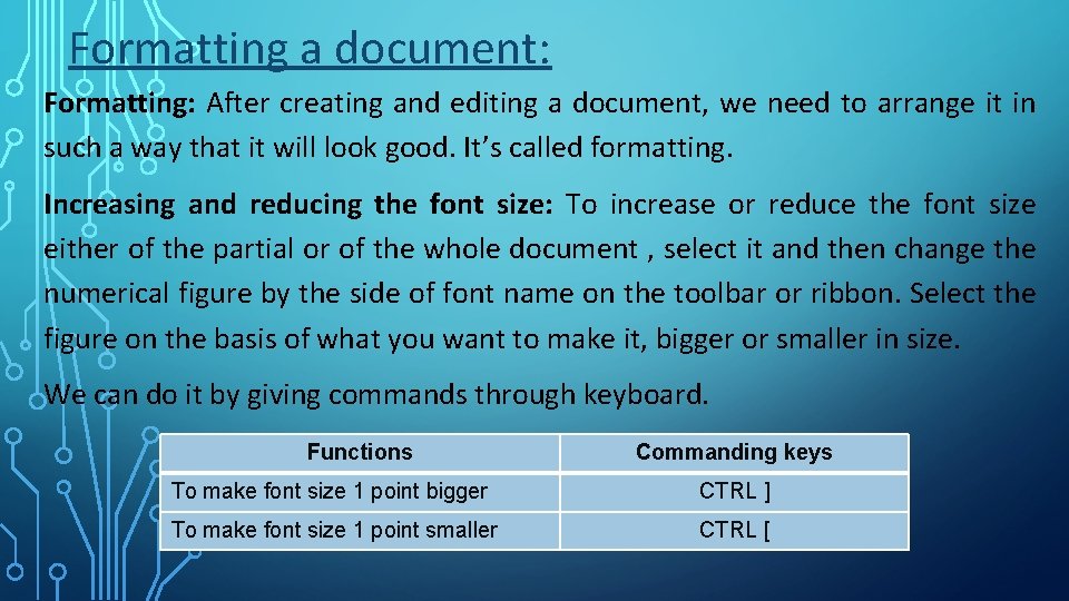 Formatting a document: Formatting: After creating and editing a document, we need to arrange
