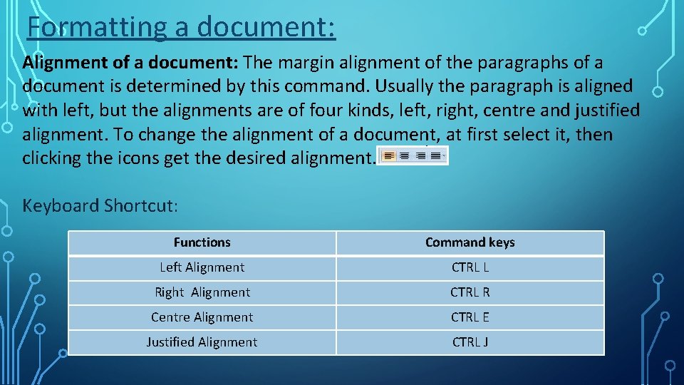 Formatting a document: Alignment of a document: The margin alignment of the paragraphs of