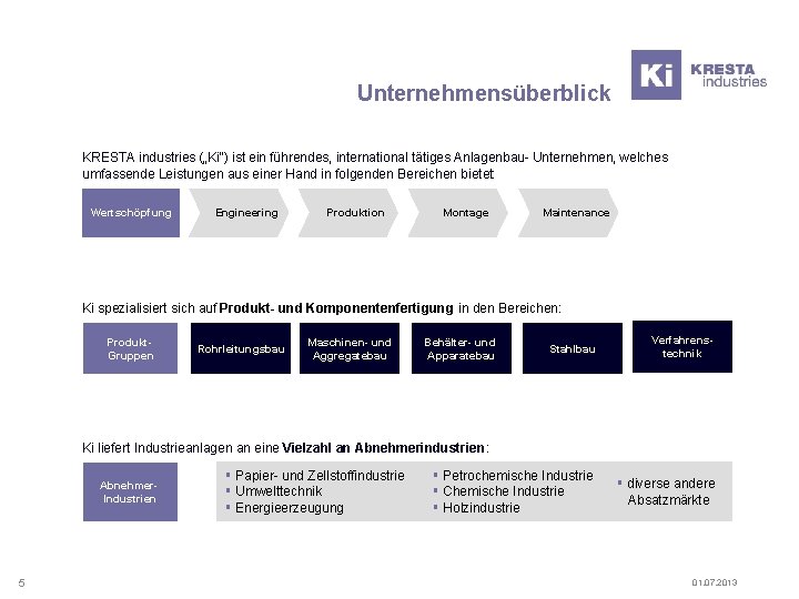 Unternehmensüberblick KRESTA industries („Ki“) ist ein führendes, international tätiges Anlagenbau- Unternehmen, welches umfassende Leistungen