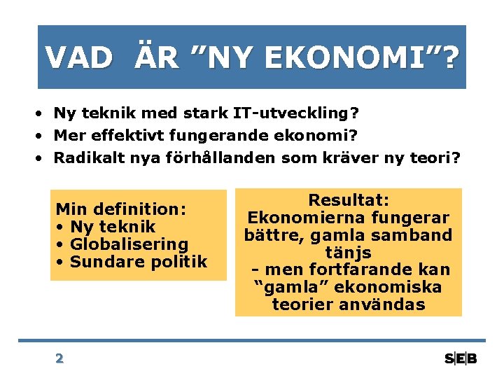 VAD ÄR ”NY EKONOMI”? • Ny teknik med stark IT-utveckling? • Mer effektivt fungerande