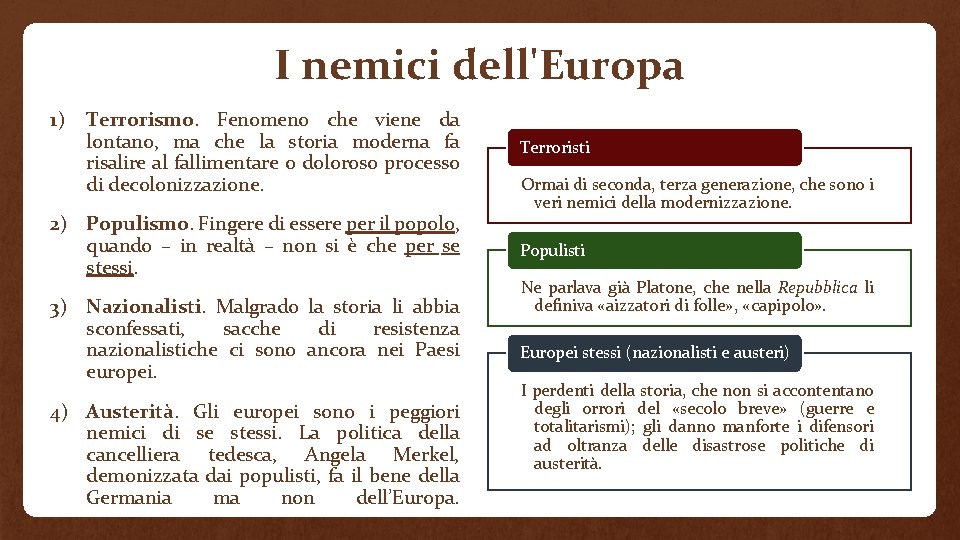 I nemici dell'Europa 1) Terrorismo. Fenomeno che viene da lontano, ma che la storia