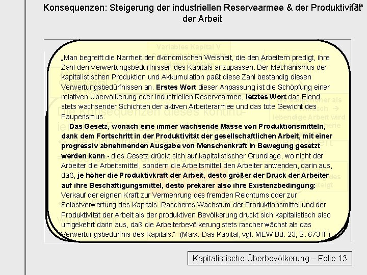 Folie Konsequenzen: Steigerung der industriellen Reservearmee & der Produktivität der Arbeit Variables Kapital V