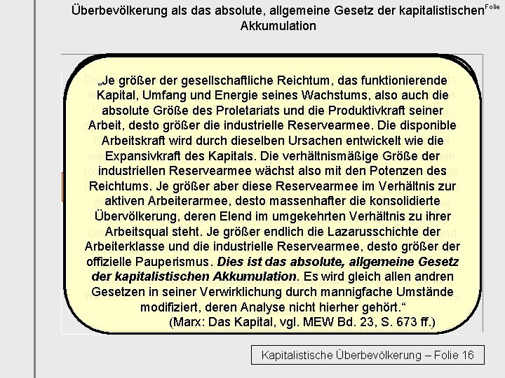 Überbevölkerung als das absolute, allgemeine Gesetz der kapitalistischen. Folie Akkumulation Variables Kapital V „So