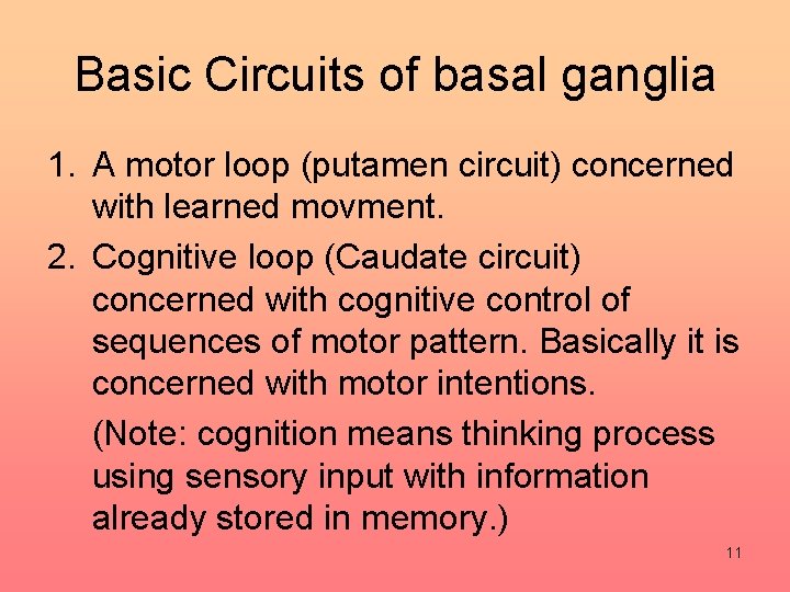 Basic Circuits of basal ganglia 1. A motor loop (putamen circuit) concerned with learned