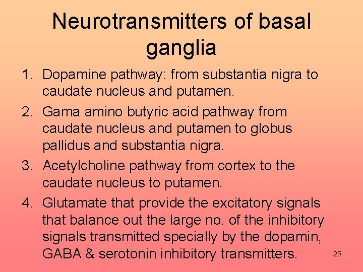 Neurotransmitters of basal ganglia 1. Dopamine pathway: from substantia nigra to caudate nucleus and