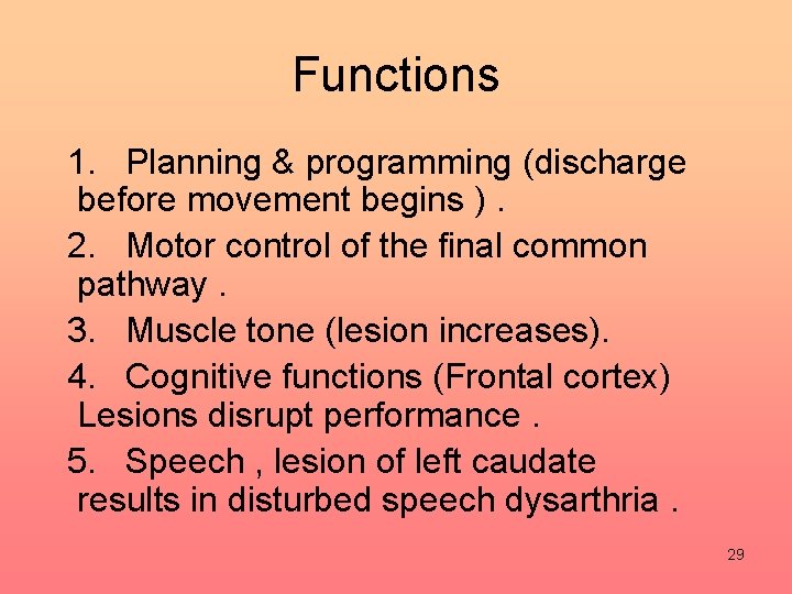 Functions 1. Planning & programming (discharge before movement begins ). 2. Motor control of