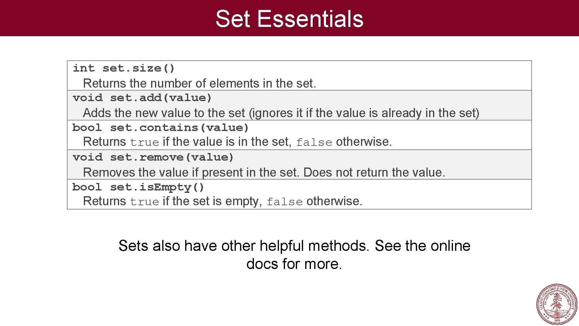 Set Essentials int set. size() Returns the number of elements in the set. void Set Essentials int set. size() Returns the number of elements in the set. void