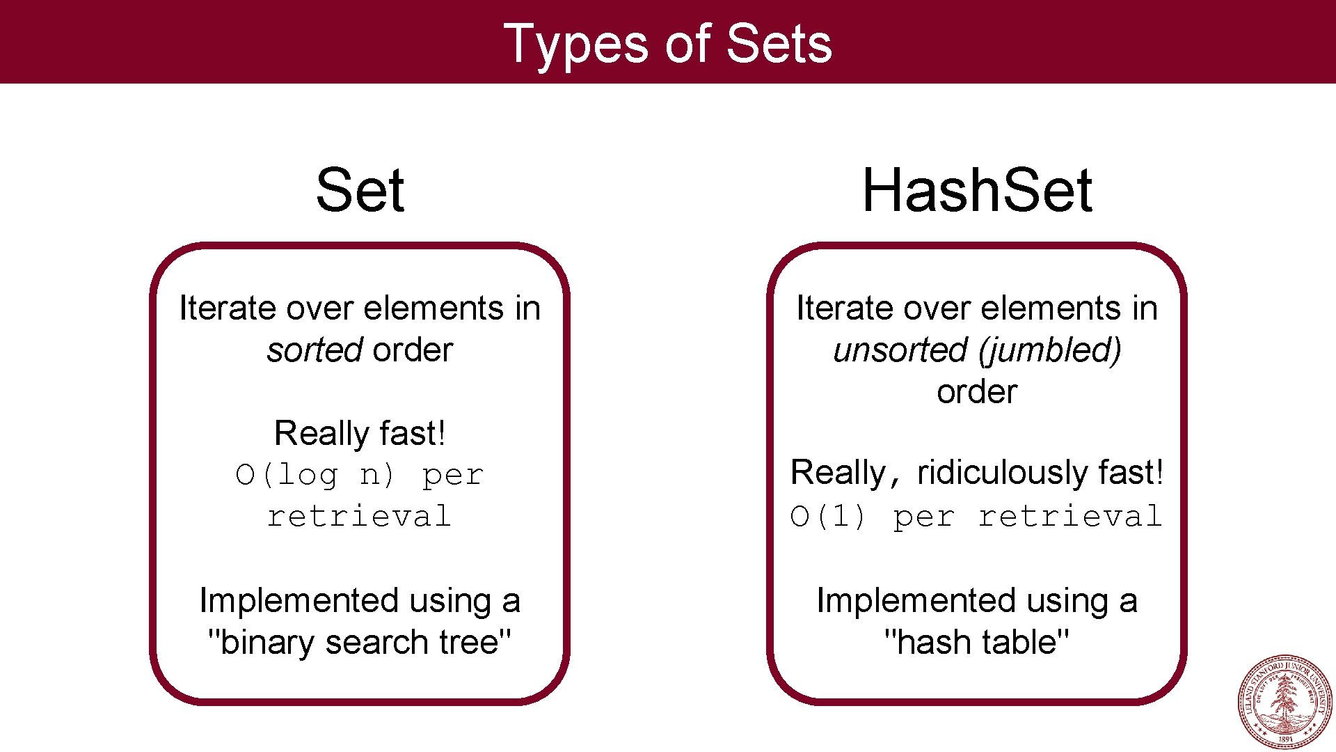 Types of Sets Set Hash. Set Iterate over elements in sorted order Iterate over Types of Sets Set Hash. Set Iterate over elements in sorted order Iterate over