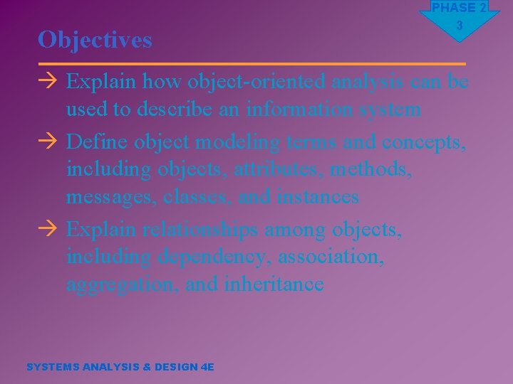 Objectives PHASE 2 3 à Explain how object-oriented analysis can be used to describe