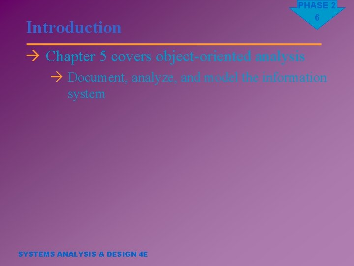 Introduction PHASE 2 6 à Chapter 5 covers object-oriented analysis à Document, analyze, and