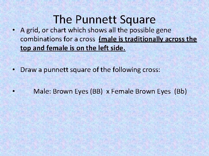 The Punnett Square • A grid, or chart which shows all the possible gene