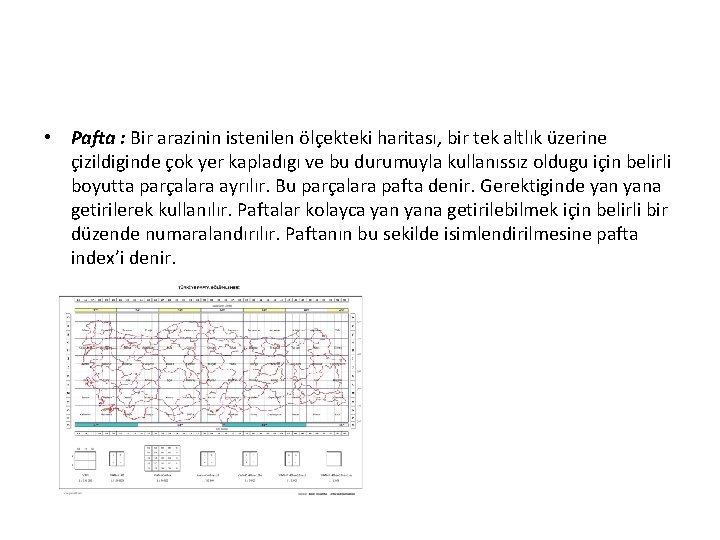  • Pafta : Bir arazinin istenilen ölçekteki haritası, bir tek altlık üzerine çizildiginde